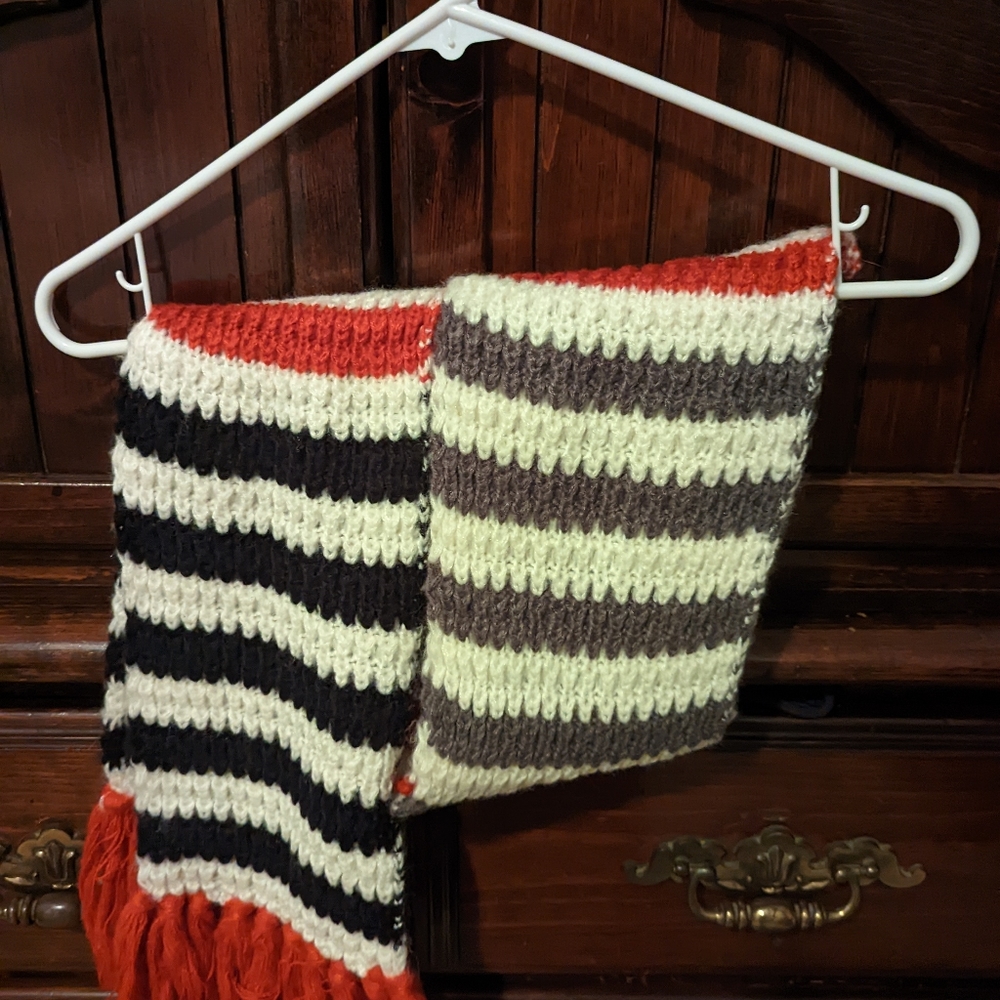 St Johns Bay Womens Winter Scarf One Size Black White Striped Red Fringe